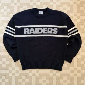 Vintage Cliff Engle NFL Raiders Knit Sweater Mens Small Black Spellout 80s 90s